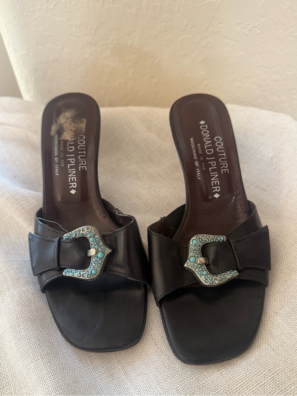 Donald J. Pliner Black Leather Kitten Heels with Turquoise-Accent Buckles